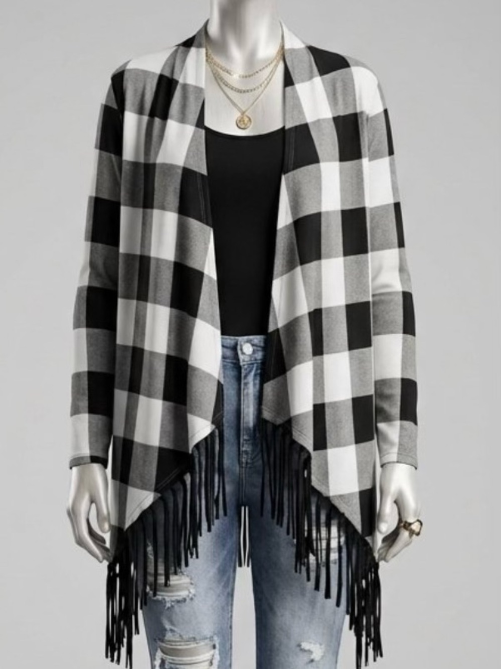 Black and White Plaid Fringe Open Cardigan Sweater